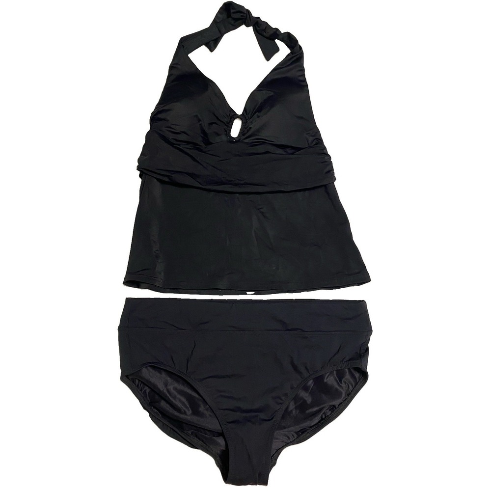 Lands' End Black Halter Tankini Set 12 Keyhole Top Tummy Control Bikini Bottom